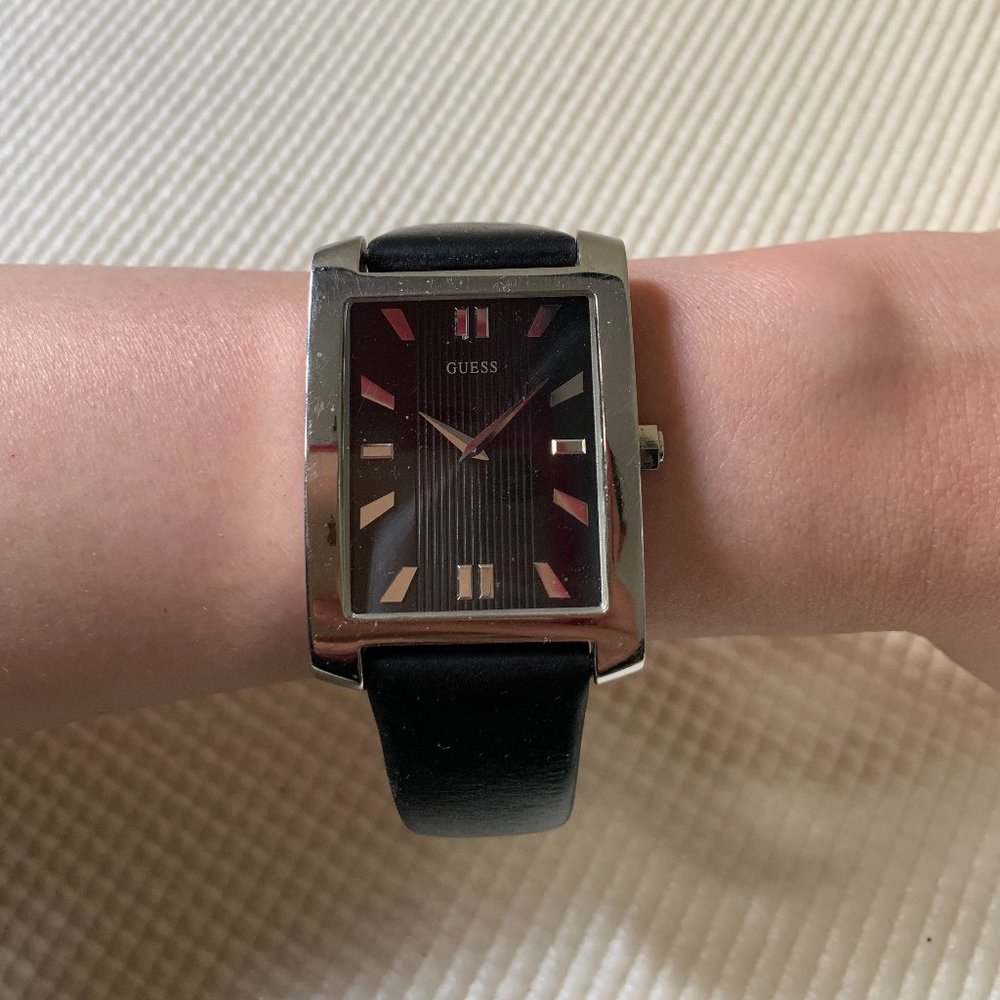 GUESS Steel Men's 34mm Watch Black Leather Band